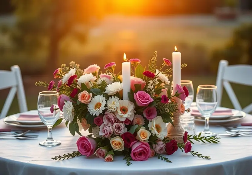 Mesa posta para uma pequena comemoração, com flores e velas