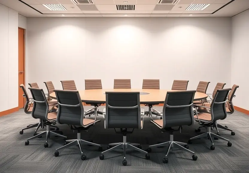 Sala de reunião com cadeiras vazias em volta da mesa